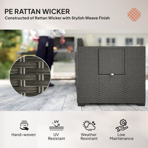 3 Seater Wicker Outdoor Sofa with Side Tray Tables, Poly Rattan Patio Sofa Couch with 6" Thick Back Cushions, Outdoor Couch with Deep Seat, Pillows for Garden, Cream White