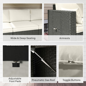 3 Seater Wicker Outdoor Sofa with Side Tray Tables, Poly Rattan Patio Sofa Couch with 6" Thick Back Cushions, Outdoor Couch with Deep Seat, Pillows for Garden, Cream White