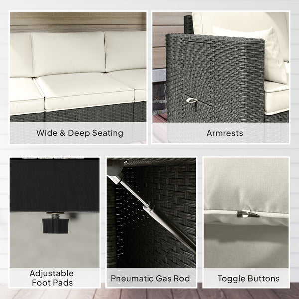 3 Seater Wicker Outdoor Sofa with Side Tray Tables, Poly Rattan Patio Sofa Couch with 6" Thick Back Cushions, Outdoor Couch with Deep Seat, Pillows for Garden, Cream White