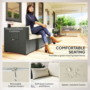 3 Seater Wicker Outdoor Sofa with Side Tray Tables, Poly Rattan Patio Sofa Couch with 6" Thick Back Cushions, Outdoor Couch with Deep Seat, Pillows for Garden, Cream White