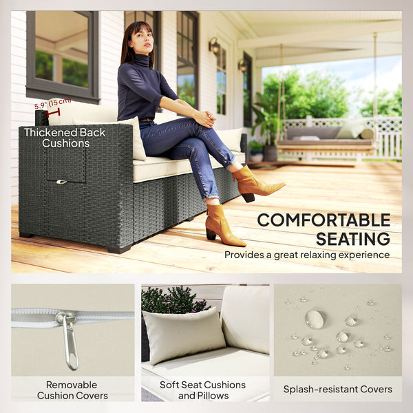 3 Seater Wicker Outdoor Sofa with Side Tray Tables, Poly Rattan Patio Sofa Couch with 6" Thick Back Cushions, Outdoor Couch with Deep Seat, Pillows for Garden, Cream White