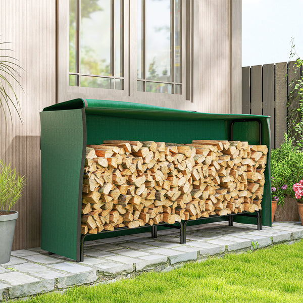 6.6 ft Firewood Rack with Waterproof Cover, Heavy Duty Metal Log Store Indoors with Steel Chains, Log Storage Holder for Outdoor Indoor Fireplace, Dark Green