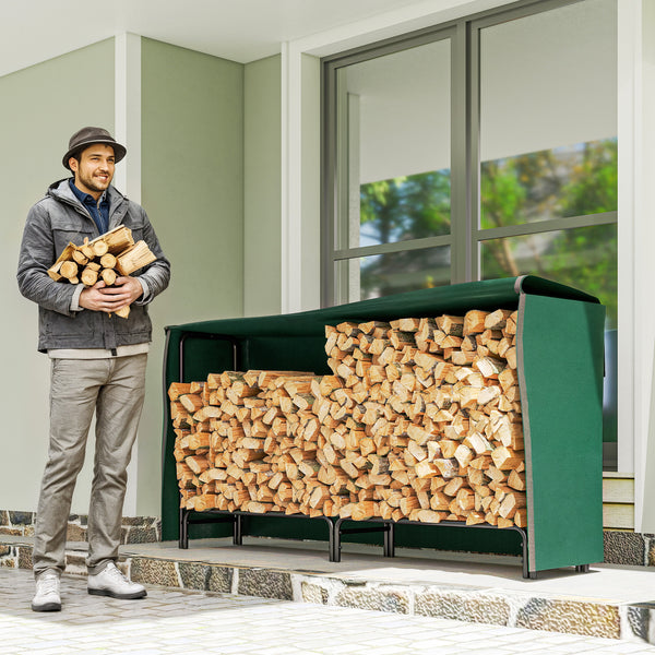 6.6 ft Firewood Rack with Waterproof Cover, Heavy Duty Metal Log Store Indoors with Steel Chains, Log Storage Holder for Outdoor Indoor Fireplace, Dark Green