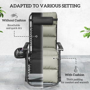 Zero Gravity Chairs Set of 2, Folding Reclining Garden Chair, Outdoor Sun Lounger with Cushion, Garden Recliner Chairs with Headrest and Cup Phone Holder Tray for Beach, Grey