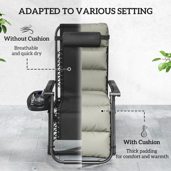 Zero Gravity Chairs Set of 2, Folding Reclining Garden Chair, Outdoor Sun Lounger with Cushion, Garden Recliner Chairs with Headrest and Cup Phone Holder Tray for Beach, Grey