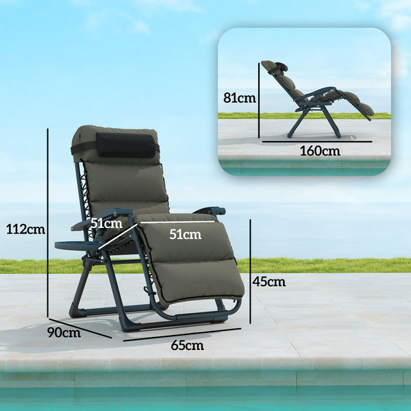Zero Gravity Chairs Set of 2, Folding Reclining Garden Chair, Outdoor Sun Lounger with Cushion, Garden Recliner Chairs with Headrest and Cup Phone Holder Tray for Beach, Grey