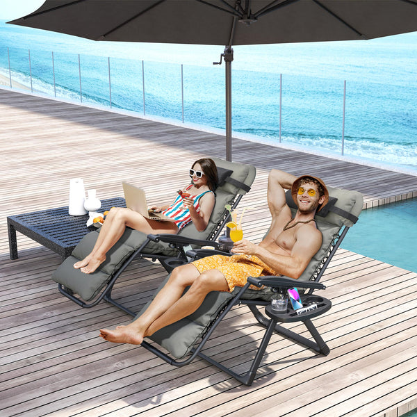 Zero Gravity Chairs Set of 2, Folding Reclining Garden Chair, Outdoor Sun Lounger with Cushion, Garden Recliner Chairs with Headrest and Cup Phone Holder Tray for Beach, Grey