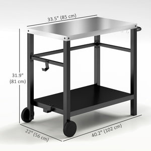 Outdoor Grill Dining Cart with Stainless Steel Tabletop, 2-Shelf BBQ Movable Pizza Oven Stand with Shelf, Hooks, Wheels, Charcoal Grey