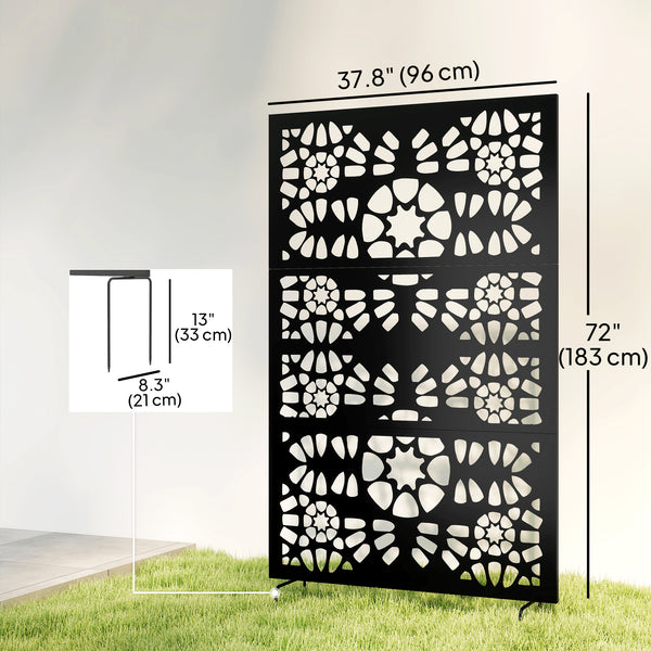 Metal Outdoor Privacy Screen, 72" x 38" Freestanding Outdoor Divider, Wall-Mounted Decorative Panel with Symmetrical Pattern Cut-out Design for Garden Patio, Black