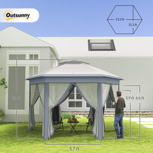 13' x 13' Pop Up Gazebo, Hexagonal Canopy Shelter with 6 Zippered Mesh Netting, Event Tent with Strong Steel Frame for Patio Backyard Garden Wedding Party, Gray