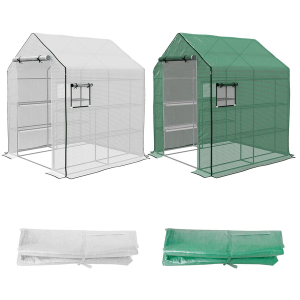 Outsunny Set of 2 Walk-in Greenhouse Replacement Covers for Model 01-0472 w/ Roll-up Door and Mesh Windows, 55"x56.25"x74.75" Reinforced Anti-Tear PE Hot House Cover (Frame Not Included), White Green