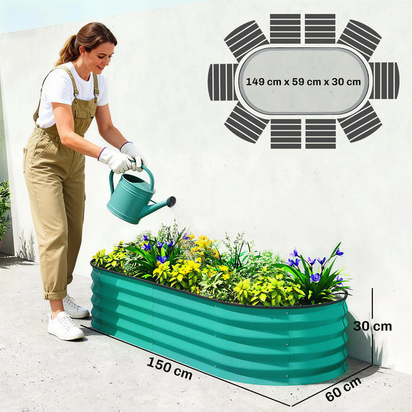 Set of 2 Raised Beds for Garden, Outdoor Galvanised Planter Box with Plant Support Stakes, Rubber Strap Edging and Bottomless for Flower, Vegetable, 150 x 60 x 30 cm, Green