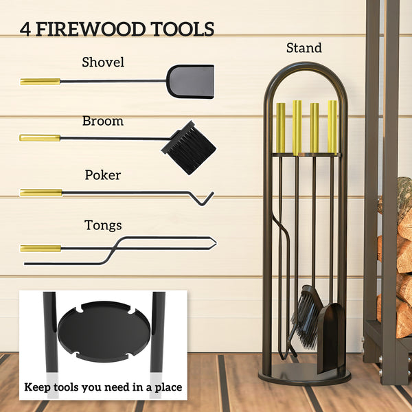 Fireplace Tools Set 5 Pieces Metal Fire Place Kit, Outdoor Indoor Fireside Accessories with Brush, Shovel, Poker, A Pair of Tongs, Stand, Gold
