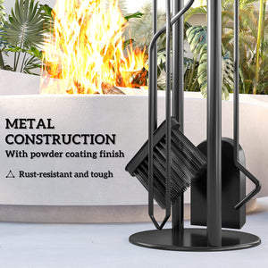 Fireplace Tools Set 5 Pieces Metal Fire Place Kit, Outdoor Indoor Fireside Accessories with Brush, Shovel, Poker, A Pair of Tongs, Stand, Gold