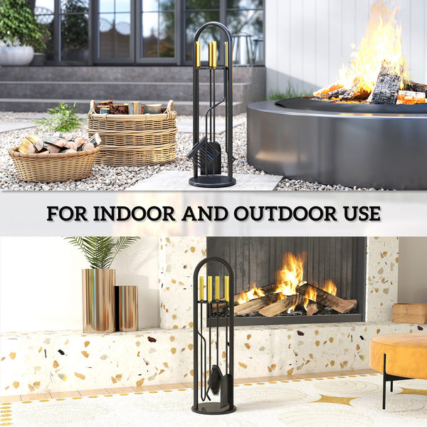 Fireplace Tools Set 5 Pieces Metal Fire Place Kit, Outdoor Indoor Fireside Accessories with Brush, Shovel, Poker, A Pair of Tongs, Stand, Gold
