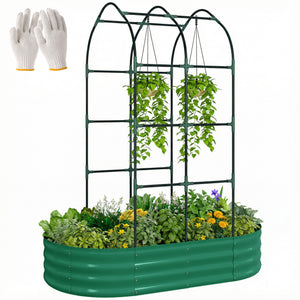 Galvanised Raised Garden Bed with Arched Trellis, 5 x 3 x 6ft Metal Outdoor Planter Box with Open Bottom Design, Modular Raised Bed with Gloves for Vegetable Flower, Easy Assembly, Green