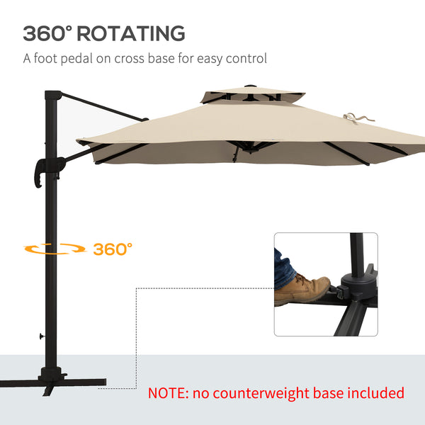 10ft Square Cantilever Patio Umbrella, 360° Rotating Overhanging Umbrella with Cross Base, Crank Handle, Double Canopy, 8 Ribs, 250gsm Polyester, Khaki