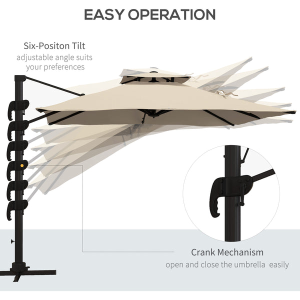 10ft Square Cantilever Patio Umbrella, 360° Rotating Overhanging Umbrella with Cross Base, Crank Handle, Double Canopy, 8 Ribs, 250gsm Polyester, Khaki