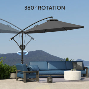 118.1" Patio Offset Umbrella with Cover and Wind Protection Strap, Round Overhanging Umbrella with Crank Handle and Tilt for Outdoor Sun Shade, UPF50+, Grey