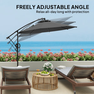 118.1" Patio Offset Umbrella with Cover and Wind Protection Strap, Round Overhanging Umbrella with Crank Handle and Tilt for Outdoor Sun Shade, UPF50+, Grey