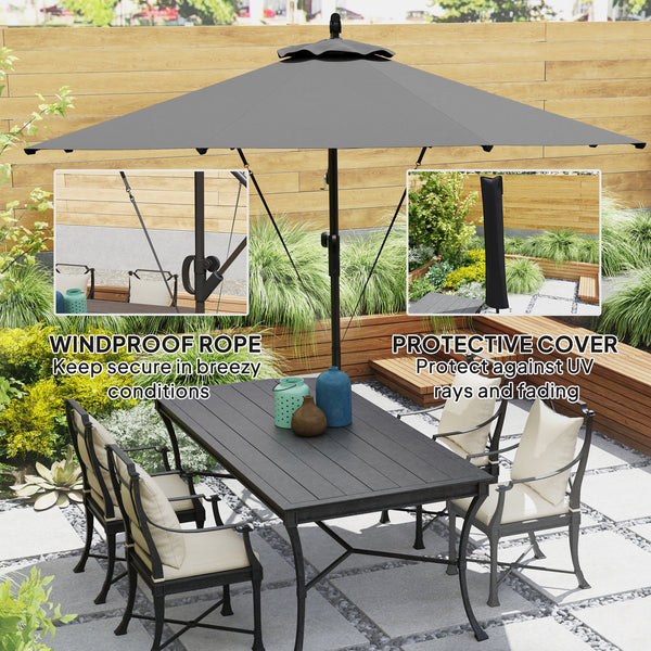 118.1" Patio Offset Umbrella with Cover and Wind Protection Strap, Round Overhanging Umbrella with Crank Handle and Tilt for Outdoor Sun Shade, UPF50+, Grey