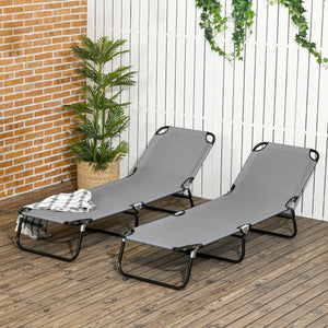 Outsunny 2 Piece Folding Chaise Lounge Pool Chairs, Outdoor Sun Tanning Chairs with 5-Level Reclining Back, Steel Frame for Beach, Yard, Patio, Dark Gray