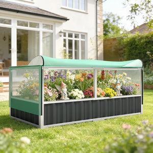 Raised Garden Bed, 5.7 x 3 x 2.3ft Steel Planter Box Outdoor with Cover, Gloves for Growing Vegetables, Flowers, Herbs, Dark Grey