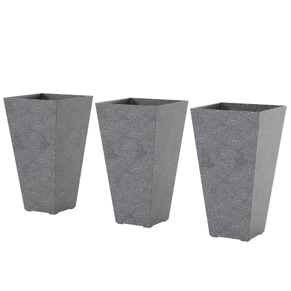 28 Inch Tall Planters for Outdoor Plants, Set of 3 Plastic Flower Pots with Marble Finish and Drainage Holes, Stackable Tapered Large Planters for Indoor Plants, Front Porch Decor, Gray