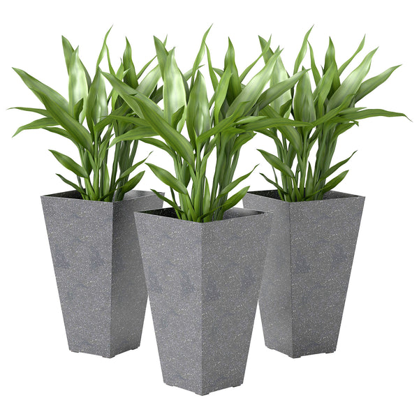28 Inch Tall Planters for Outdoor Plants, Set of 3 Plastic Flower Pots with Marble Finish and Drainage Holes, Stackable Tapered Large Planters for Indoor Plants, Front Porch Decor, Gray