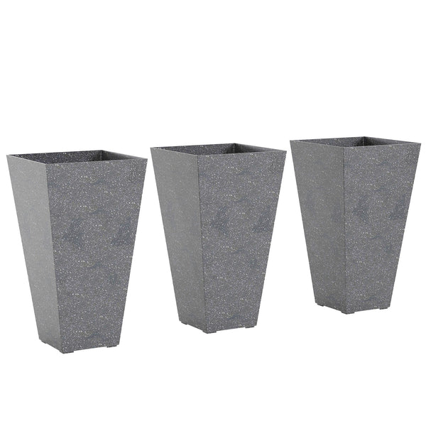 28 Inch Tall Planters for Outdoor Plants, Set of 3 Plastic Flower Pots with Marble Finish and Drainage Holes, Stackable Tapered Large Planters for Indoor Plants, Front Porch Decor, Gray