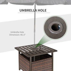 21.75" Outdoor Rattan Wicker Patio Coffee Table with Umbrella Hole, Patio Side Table with Slatted Metal Top, Suitable for Garden, Backyard, Brown
