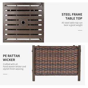 21.75" Outdoor Rattan Wicker Patio Coffee Table with Umbrella Hole, Patio Side Table with Slatted Metal Top, Suitable for Garden, Backyard, Brown