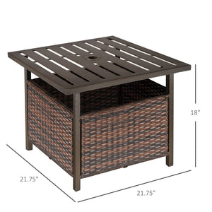 21.75" Outdoor Rattan Wicker Patio Coffee Table with Umbrella Hole, Patio Side Table with Slatted Metal Top, Suitable for Garden, Backyard, Brown