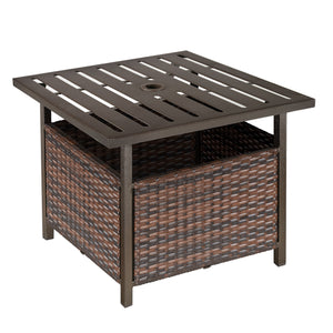 21.75" Outdoor Rattan Wicker Patio Coffee Table with Umbrella Hole, Patio Side Table with Slatted Metal Top, Suitable for Garden, Backyard, Brown