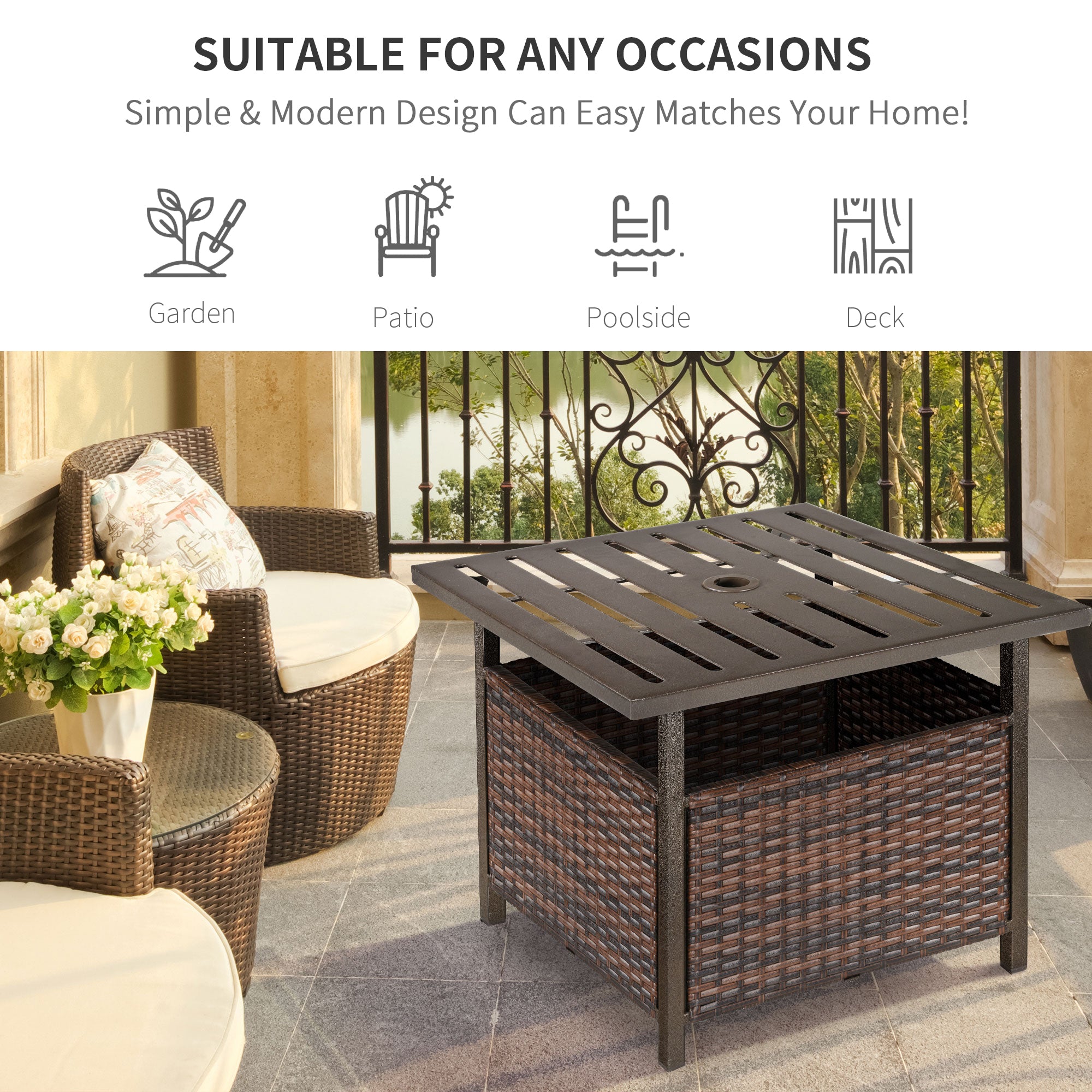 Outsunny Outdoor Rattan Coffee Wicker Patio Table w/ 4cm Umbrella Hole for Backyard, Brown