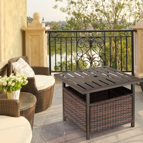 21.75" Outdoor Rattan Wicker Patio Coffee Table with Umbrella Hole, Patio Side Table with Slatted Metal Top, Suitable for Garden, Backyard, Brown