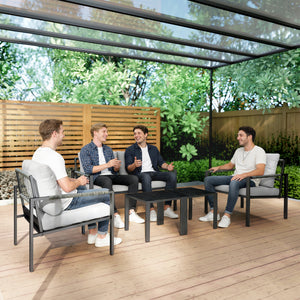 4 Seater Garden Furniture Set, 5 Piece Metal Garden Sofa Set with Thickened Cushions, Outdoor Patio Conversation Furniture with Loveseat, 2 Armchairs, 2 Coffee Tables for Balcony, Light Grey