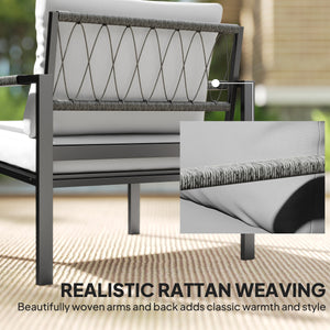 4 Seater Garden Furniture Set, 5 Piece Metal Garden Sofa Set with Thickened Cushions, Outdoor Patio Conversation Furniture with Loveseat, 2 Armchairs, 2 Coffee Tables for Balcony, Light Grey