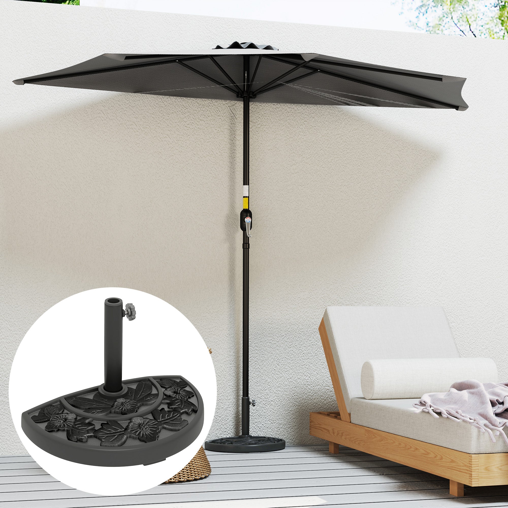 black patio half umbrella Outsunny 21lb Concrete Half Umbrella Stand with Floral Design, for 1.3"/1.5"/1.9" Poles, Black