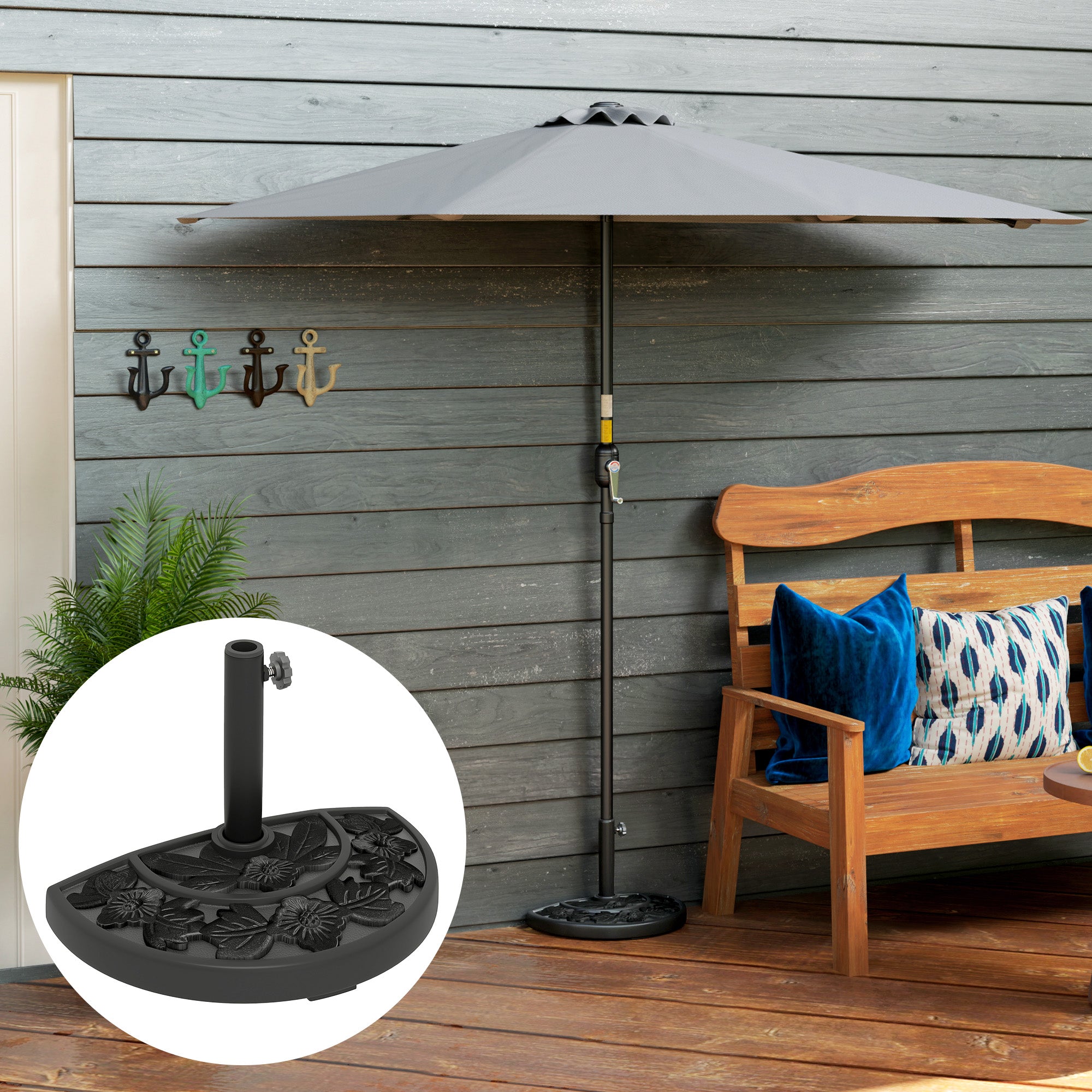 half patio umbrella with stand canada Outsunny 21lb Concrete Half Umbrella Stand with Floral Design, for 1.3"/1.5"/1.9" Poles, Black