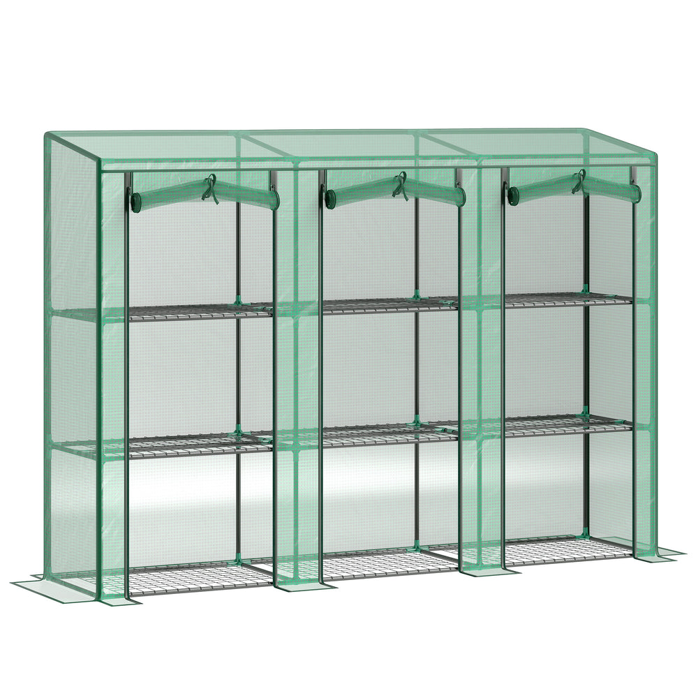 Lean-to Mini Greenhouse with 3 Tier Shelves, Portable Garden Hot House with 3 Roll-Up Doors for Indoor Outdoor, 84.6"x18.1"x56.7", Green