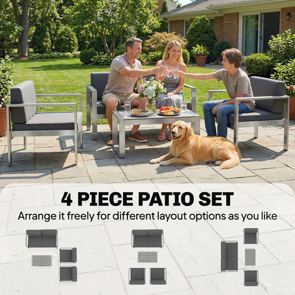 4 Seater Aluminium Garden Furniture Set, Olefin Cushions, Extra Wide Deep Garden Sofa Set with Loveseat, 2 Chairs, Faux Wood Table, Brushed Outdoor Furniture Conversation Sets, Dark Grey