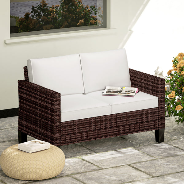 2 Seater Rattan Sofa with Cushions, Wicker Garden Loveseat with Armrests, Outdoor Garden Sofa Couch with Steel Frame for Balcony, Porch, Brown
