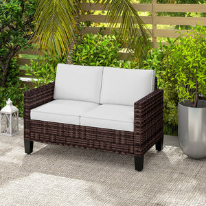 2 Seater Rattan Sofa with Cushions, Wicker Garden Loveseat with Armrests, Outdoor Garden Sofa Couch with Steel Frame for Balcony, Porch, Brown