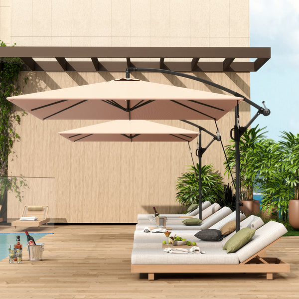 Patio Offset Umbrella UPF 50+ UV Protection, Water-Resistant, Crank Parasol with Base, Cover & Wind Securing, Tiltable Garden Umbrella for Balcony & Patio, Khaki