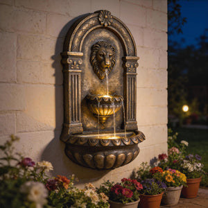 31" Wall-Mounted 3-Tier Outdoor Fountain, Cascading Waterfall Feature with LED Lights and Adjustable Flow, Resin Garden Fountain for Patio Backyard, Rustic Brown
