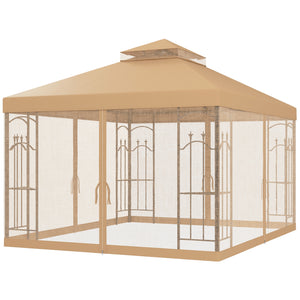 10' x 12' Patio Gazebo with Corner Frame Shelves, Double Roof Outdoor Gazebo Canopy Shelter with Netting for Patio, Wedding, Catering & Events, Brown