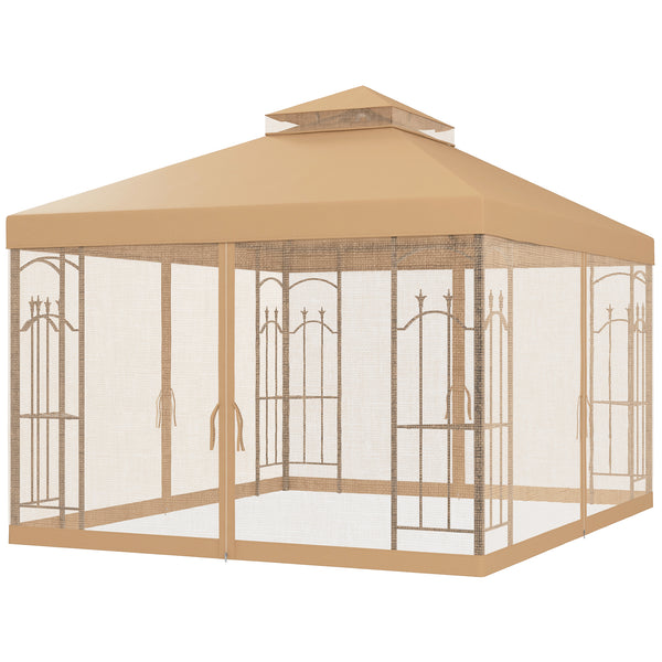 10' x 12' Patio Gazebo with Corner Frame Shelves, Double Roof Outdoor Gazebo Canopy Shelter with Netting for Patio, Wedding, Catering & Events, Brown