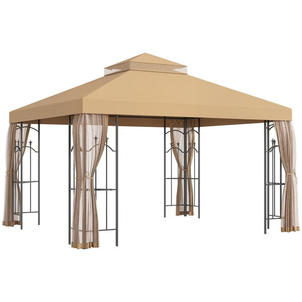 10' x 12' Patio Gazebo with Corner Frame Shelves, Double Roof Outdoor Gazebo Canopy Shelter with Netting for Patio, Wedding, Catering & Events, Brown