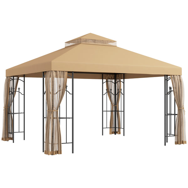 10' x 12' Patio Gazebo with Corner Frame Shelves, Double Roof Outdoor Gazebo Canopy Shelter with Netting for Patio, Wedding, Catering & Events, Brown